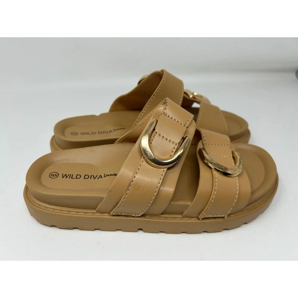 Wild Diva Lounge Tan Platform Slide Sandals Gold Buckle Double Strap Womens 6